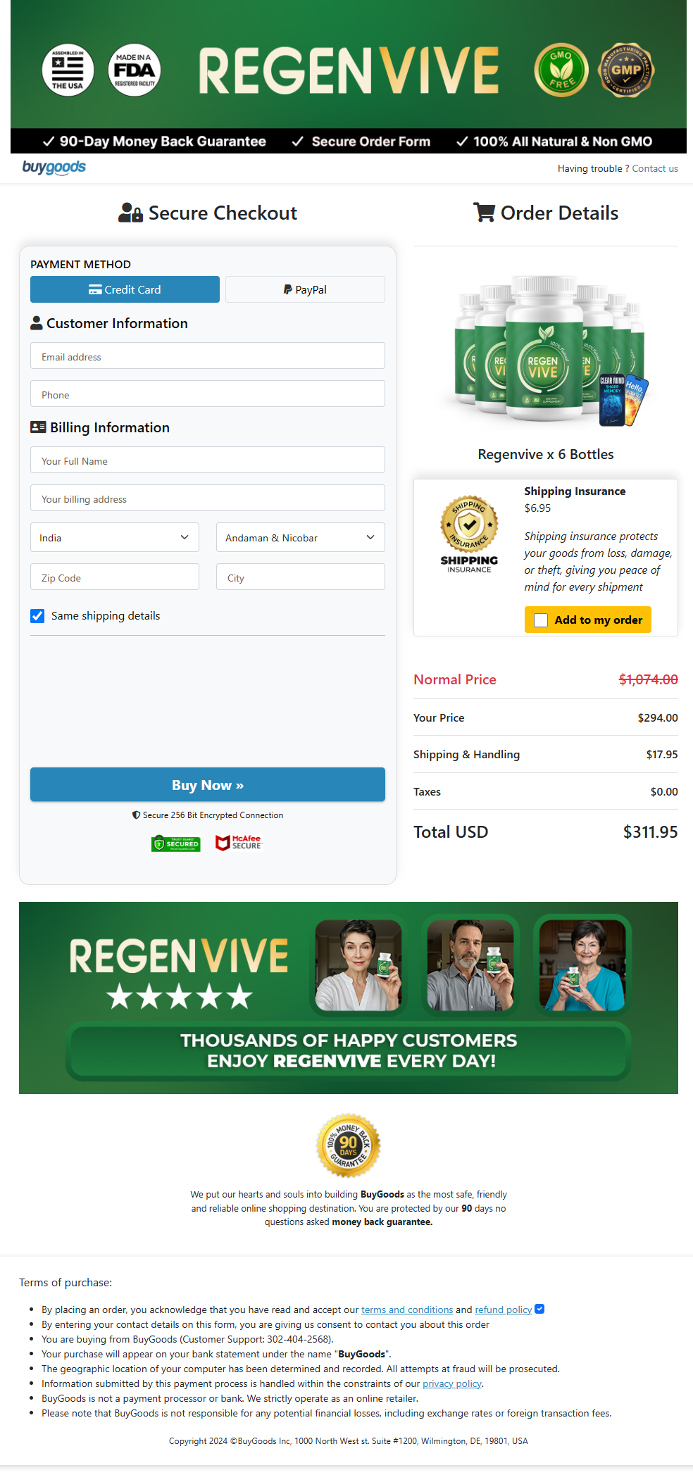 RegenVive secure checkout page — 256-bit SSL encrypted ordering process